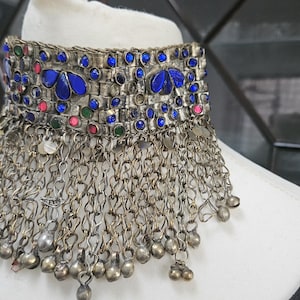 Kuchi Afghan, Vintage, handmade, beaded Choker, hanging dangles and bells.