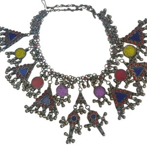 Afghan Tribal Vintage handcrafted Colourful beaded triangular Pendant Necklace with dangle, bells and coins.