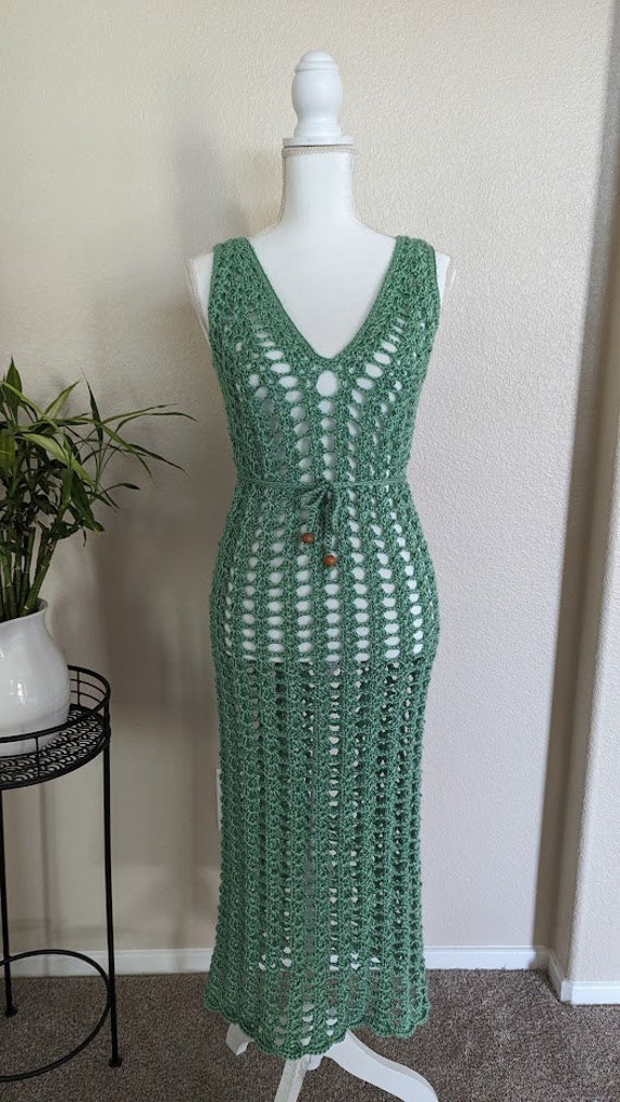 Made to Order - Light Green Crochet Mesh Maxi Dress - Beach Cover-UP