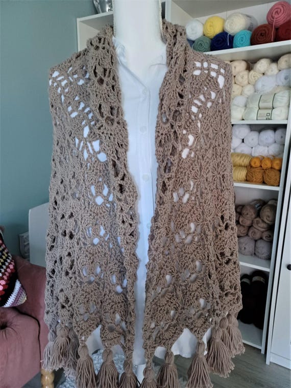 MADE TO ORDER - Stone Beige Crochet Lace Floral Shawl