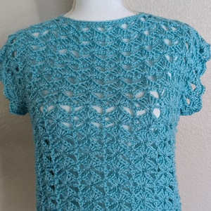 Puede incluir: Un top de crochet azul claro con un delicado diseño de calado. El top tiene mangas cortas y un escote redondeado.