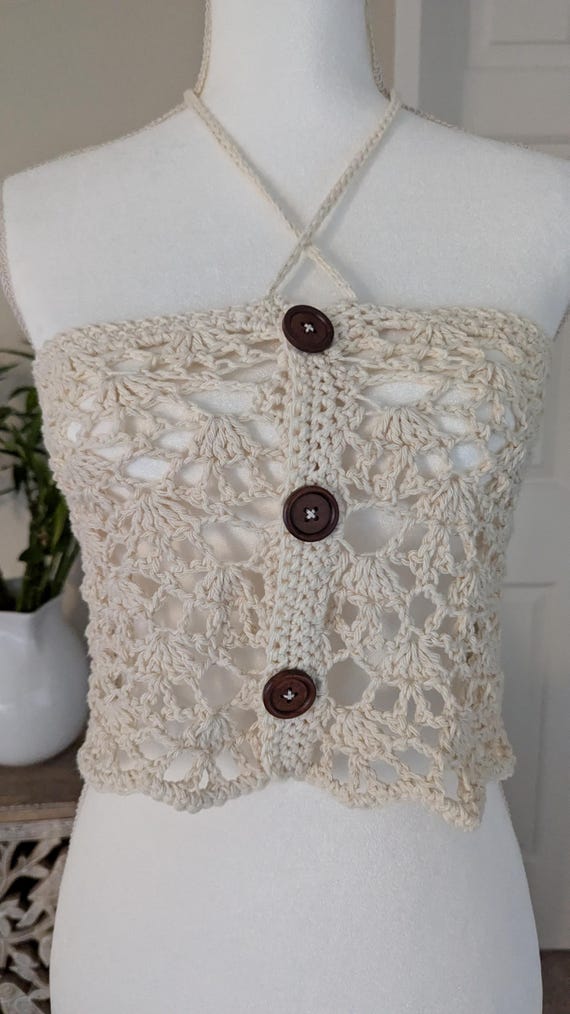 Made to Order - Ivory Button Front Crochet Halter Top