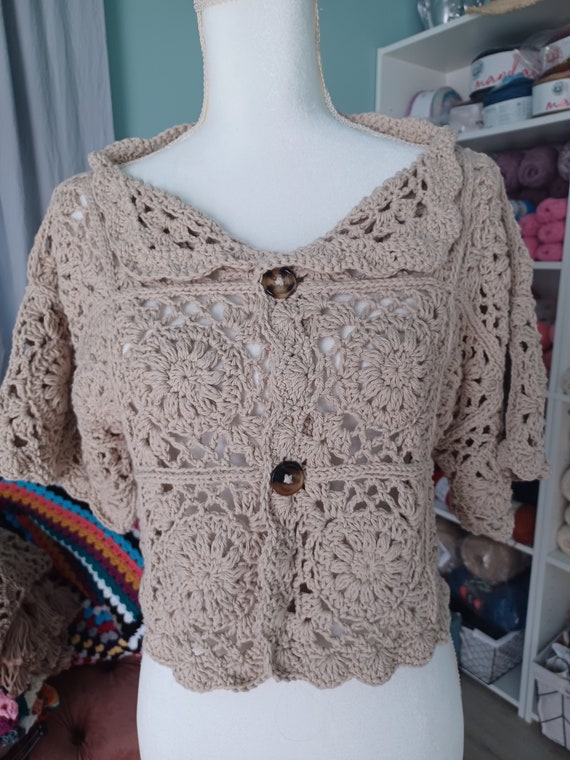 CROCHET PATTERN - Beige Crochet Floral Lace Cardigan