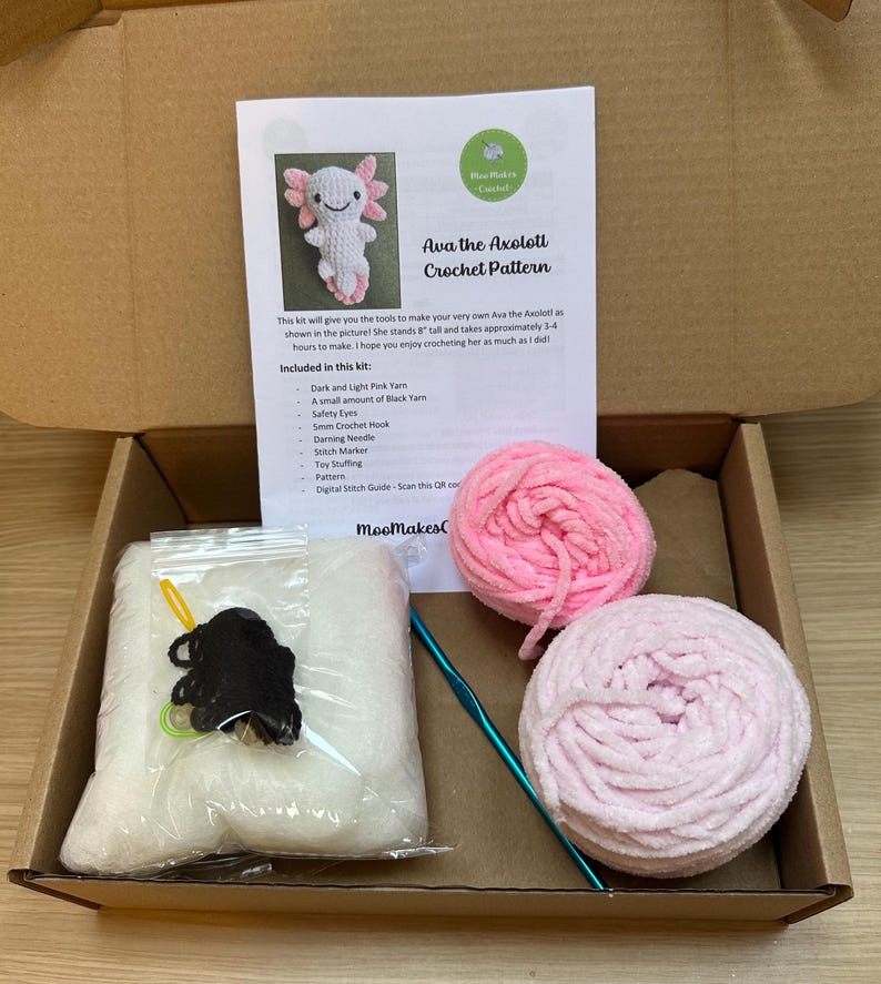 Crochet Kit and Pattern for Ava the Axolotl, DIY Tool Kit, Learn Crochet Starter Birthday Christmas Gift Idea, Amigurumi Make Your Own image 4