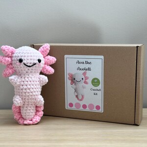 May include: A pink crocheted axolotl amigurumi plushie with black eyes. The plushie is packaged in a brown box with a label that reads "Ava the Axolotl Crochet Kit".