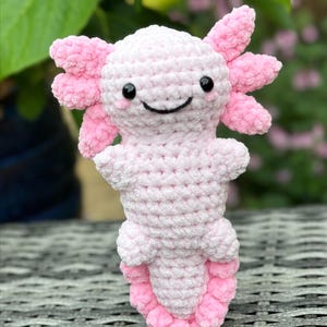 May include: A pink crocheted axolotl plush toy with black eyes and a smiling mouth. The toy is standing on a woven surface.