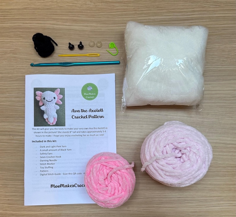 Crochet Kit and Pattern for Ava the Axolotl, DIY Tool Kit, Learn Crochet Starter Birthday Christmas Gift Idea, Amigurumi Make Your Own image 5