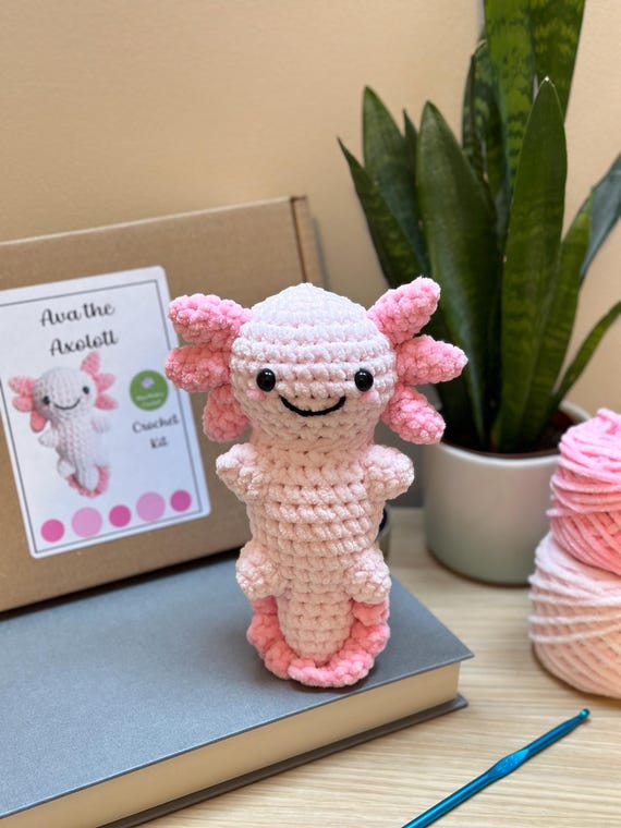 Crochet Kit and Pattern for Ava the Axolotl, DIY Tool Kit, Learn Crochet Starter Birthday Christmas Gift Idea, Amigurumi Make Your Own
