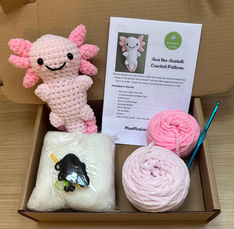Crochet Kit and Pattern for Ava the Axolotl, DIY Tool Kit, Learn Crochet Starter Birthday Christmas Gift Idea, Amigurumi Make Your Own image 2