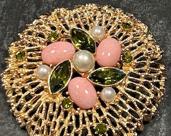 1970 Sarah Coventry, Gold Tone Costume Brooch w/Peridot, Pearls & Pink Lucite Beads, Highly Collectible Vintage Jewelry, Gift for Her