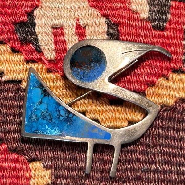 Graziella Laffi Sterling Silver Lapis Lazuli Inlaid Bird Pin Peruvian Pre-Columbian Vintage Signed MCM RARE Unique Collectible