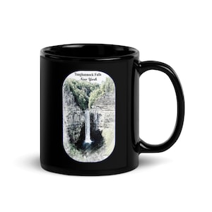 Taughannock Falls Ceramic Mug, New York State Park Black Coffee Cup, Sketch Art Design Waterfall Mug