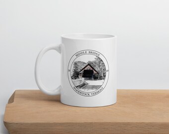 Woodstock Vermont Middle Covered Bridge Mug | Middle Covered Bridge Sketch Art Mug | Woodstock Vermont ceramic mug | Vermont Map