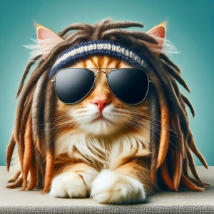 Könnte beinhalten: Eine rotbraune Katze mit langen braunen und orangen Dreadlocks trägt eine schwarze Sonnenbrille. Die Katze hat einen ernsten Gesichtsausdruck und schaut direkt in die Kamera.