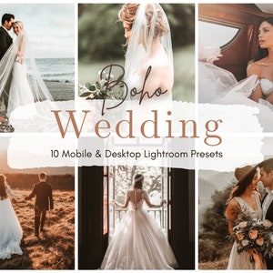 May include: A set of 10 mobile and desktop Lightroom presets for wedding photography. The presets are designed to give photos a warm, romantic, and bohemian feel. The image shows several couples in different wedding settings, including a beach, a car, and a field.