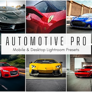以下が含まれることがあります： 6つの画像を組み合わせたコラージュで、黒いランボルギーニ、赤いフェラーリ、青いアストンマーティン、赤いアウディ、黄色のランボルギーニ、赤いダッジチャレンジャーなど、さまざまな高級車が展示されています。コラージュの中央には、「AUTOMOTIVE PRO」と「Mobile & Desktop Lightroom Presets」のテキストが表示されています。