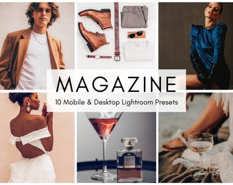 May include: A collage of images showcasing a collection of 10 mobile and desktop Lightroom presets called "MAGAZINE". The images include a man wearing a brown jacket, a woman wearing a blue dress, a glass of wine, a bottle of perfume, and a pair of brown leather boots.