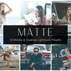 May include: A collage of images showcasing the use of 10 mobile and desktop Lightroom presets. The presets create a matte, muted, and desaturated look. The images include a woman sitting on a chair, a woman reading a book, a woman looking out of a car window, a man skateboarding, a man sitting in a car, and a woman standing in a laundromat.