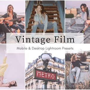May include: A collage of images showcasing the use of vintage film Lightroom presets. The images feature people in various settings, including a beach, a staircase, a rooftop, and a city street. The presets give the images a warm, nostalgic feel.