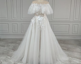 Hochzeitskleid, schulterfrei, gerüscht, glänzender Tüll, Applikationen, Spitze, A-Linie, Hochzeitskleid, Brautkleid für Frauen, Hochzeit, Boho, Brautparty, Blumen