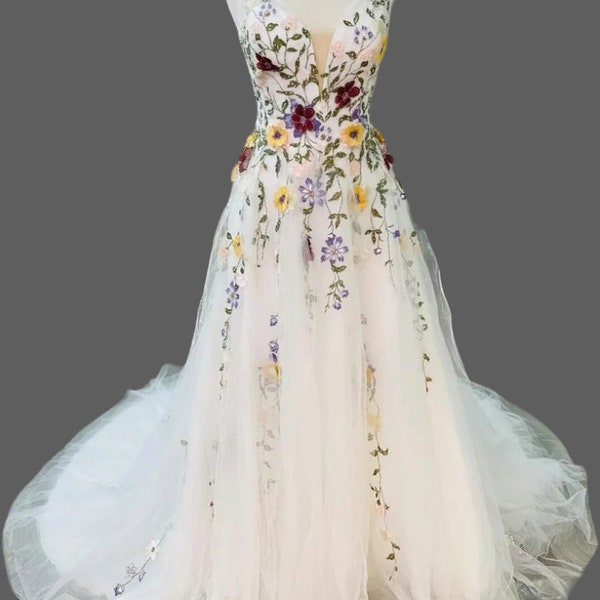 Wedding Dress Colorful Flower Dress Boho Fairy tale A Line 3D Florals Rustic Country Bridal Gowns Tulle Whimsical Bride Wedding Dress Party