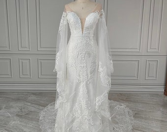 Hochzeitskleid, lange Fledermausärmel, bestickte Spitze, Hochzeitskleid, tiefer V-Ausschnitt, schulterfrei, Tüll, Meerjungfrau-Ausschnitt, luxuriöses Brautkleid, Partykleid