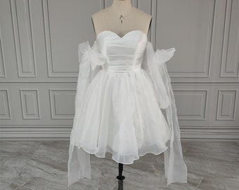 Wedding Dress Puffy Bow Sleeves Pleat Organza A-line Mini Wedding Dress Bride Evening Gonw Wedding Party Bridal Short Civil Wedding Dress
