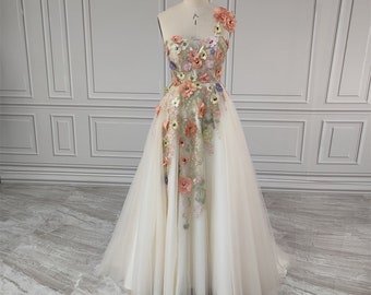 Wedding Dress Shoulder 3D Embroidery Flowers High Slit Tulle A-line Evening Floral Dress Wedding Party Prom Gown Pastrol Colors Flower Bride