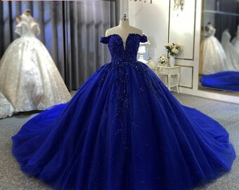 Quinceanera-Kleid, blaues Ballkleid, schulterfreies Kleid mit Spitzenträgern, königsblaues Quinceanera-Kleid, Sweet-16-Kleid, Prinzessin, Luxus-Quinceaner