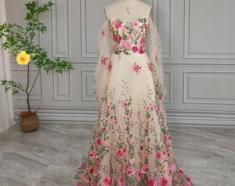 Wedding Dress Wildflowers Embroidered Colorful Celebrity Fairytale Dress Long Puffy Sleeves Blossom Flowers Sweetheart Pearls Cocktail Gowns