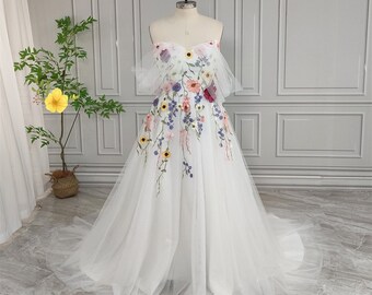 Wedding Dress Colorful Flowers Embroidery Lace Wedding Dress Women Off Shoulder Tulle A-line Bridal Gown Wedding Party Dress Bride Floral