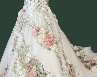 Exclusive Vintage Wedding Dress Fairy Floral Dresses Garden Flower Leaf Lace Wedding Dresses Gowns A-line Long Tulle Bridal Dress Party