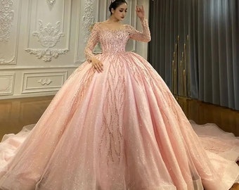 Rosa Quinceanera-Kleid, Prinzessin, Ballkleid, A-Linie, luxuriöse Quinceanera-Kleider für Mädchen, glitzerndes Perlen-Geburtstagspartykleid, süßes 16-Kleid in Rosa