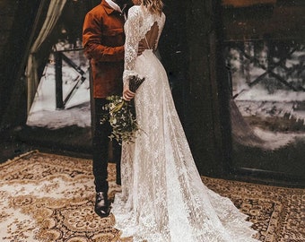 Wedding Dress Long Sleeves Floral Lace V Neck Boho Wedding Dress Deep V Neck Open Back Modest Rustic Civil Bridal Gown Illusion Wedding Dres