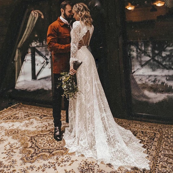 Wedding Dress Long Sleeves Floral Lace V Neck Boho Wedding Dress Deep V Neck Open Back Modest Rustic Civil Bridal Gown Illusion Wedding Dres