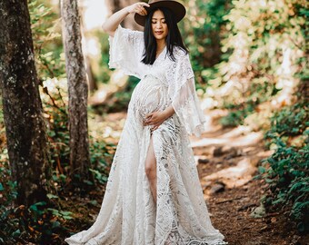 Wedding Dress Boho Empire Waist Maternity Wedding Dress Beach Elopement Cutout Lace Long Batwing Sleeves Pregnant Women Bridal Gown Photosho