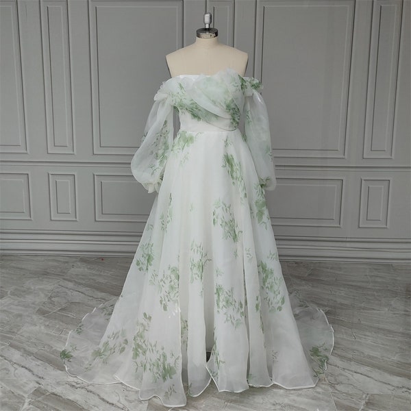 Wedding Dress Green Puffy Ruffles Sleeves Wedding Dress Floral Printe Pleat Organza Sweep Train Bridal Gown Wedding Party Dress Bride Floral