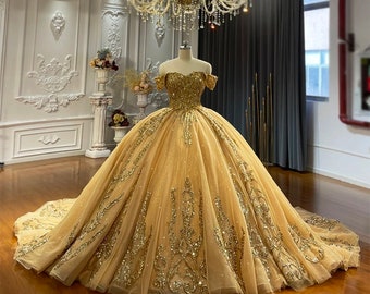 Quinceanera Dress Luxury Golden Off Shoulder Lace Quinceanera Dresses Sweet 16 Dress Birthday Party Prom Princess Dress Gold Princess Dress