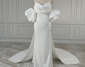 Hochzeitskleid, einfaches U-Ausschnitt, Meerjungfrau, Satin, rückenfrei, Hochzeitskleid, Sweep-Zug, abnehmbare Ärmel, Brautkleid, standesamtliches Hochzeitskleid, Party