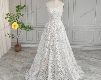 Wedding Dress Strapless Embroidery Floral Lace A-line Wedding Dress For Bride Low Back Women Bridal Gown Party Boho Wedding Flower Dresses
