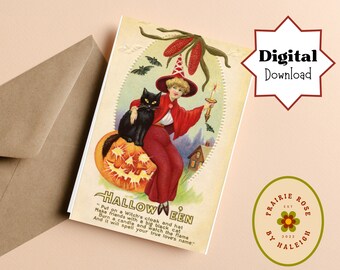 Puede incluir: Una tarjeta de felicitación de Halloween de estilo vintage que muestra a una persona con capa roja y sombrero puntiagudo sentada sobre una calabaza brillante con un gato negro. Arriba hay mazorcas de maíz rojas y murciélagos. El texto dice HALLOWEEN y un poema.