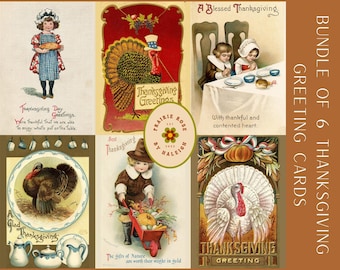 May include: A digital bundle of six vintage-style Thanksgiving greeting cards featuring illustrations of turkeys, children, and harvest themes with text including Thanksgiving Day Greetings and A Blessed Thanksgiving, plus a central logo.