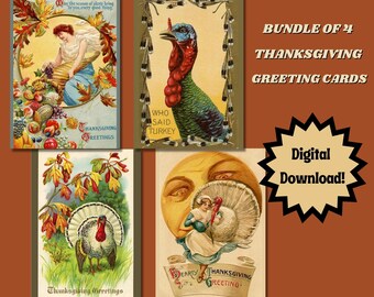 May include: A bundle of four vintage-style Thanksgiving greeting cards featuring illustrations of a person with a cornucopia, a turkey, a turkey in a field, and a person with a turkey and moon. Text includes BUNDLE OF 4 THANKSGIVING GREETING CARDS.
