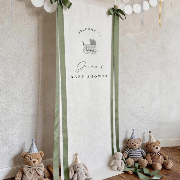 Cartello per baby shower in lino, decorazioni personalizzate per passeggino, festa per baby shower rustica personalizzata, Baby in bloom, regalo per baby shower