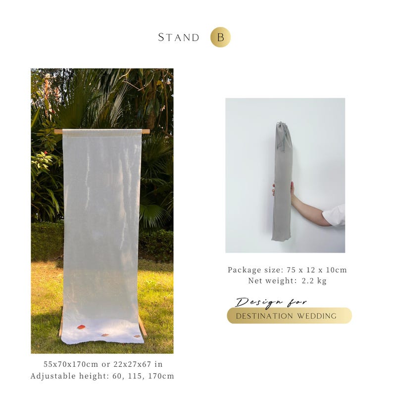 Może przedstawiać: Biały, materiałowy stojak z drewnianym blatem i podstawą, idealny na wesela. Stojak ma wymiary 55x70x170cm i regulowaną wysokość 60, 115 lub 170cm. Zawiera tekst "Design for DESTINATION WEDDING".
