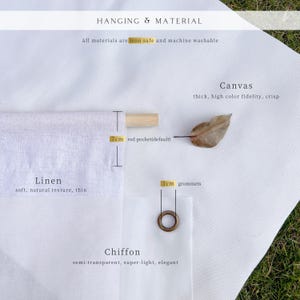 May include: A white fabric display featuring three material options: canvas, linen, and chiffon. The image includes text labels for hanging and material details, a 7 cm rod pocket, and 1 cm grommets. All materials are iron safe and machine washable.