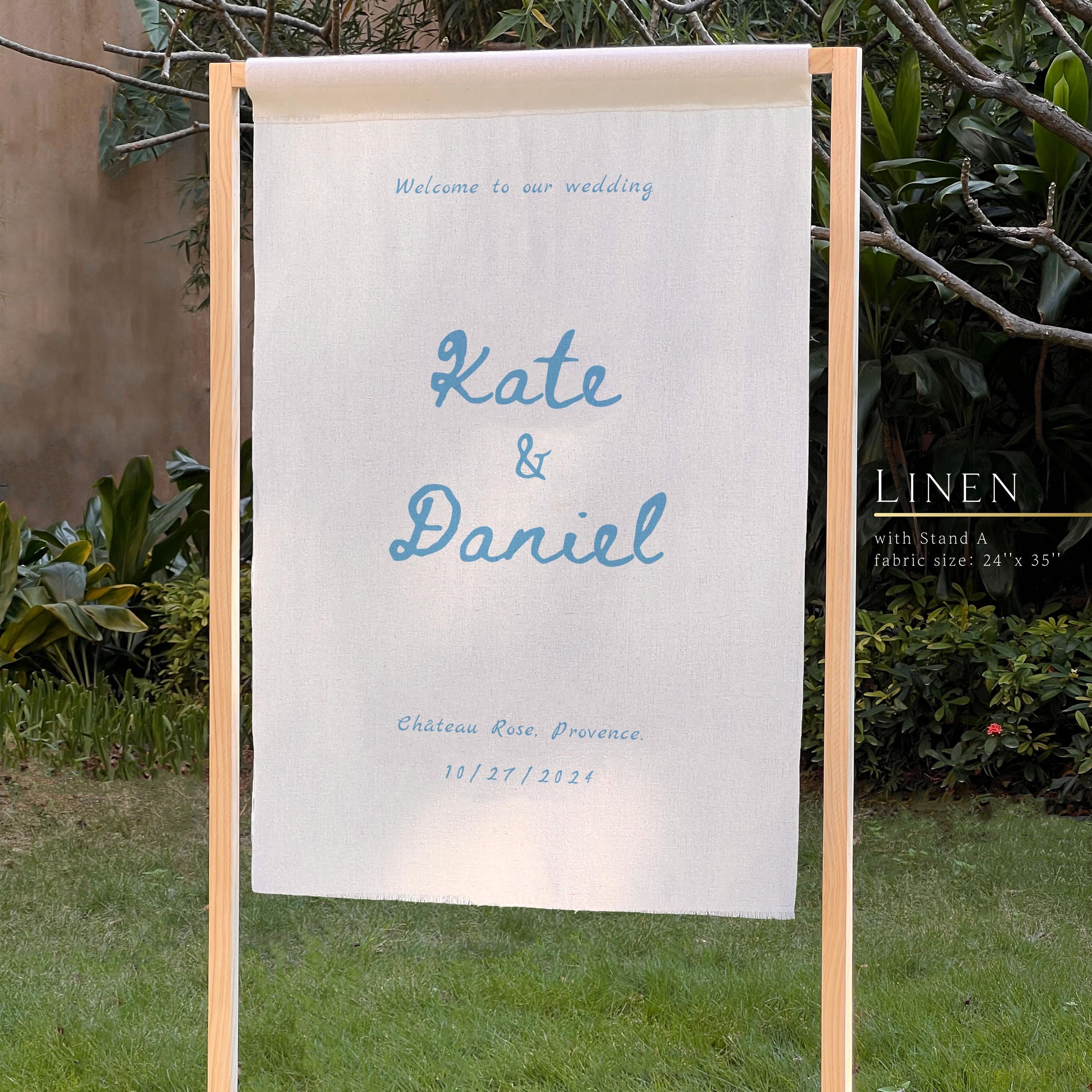 Dusty Blue Wedding Welcome Sign, Fabric Wedding Banner, Destination stand, Linen wedding decor，Vintage font welcome sign ML01035