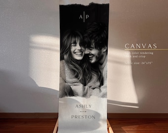 Linen Wedding Photo Banner, Custom Photo Banner, Couple Portrait Decor, fabric wedding welcome sign, 37