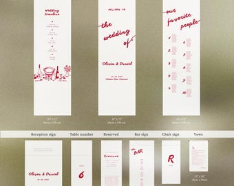 Può includere: Set di segnaletica da matrimonio stampabile con uno schema di colori rosso e bianco. Il set include una linea temporale del matrimonio, un cartello di benvenuto, un piano di posti a sedere, un cartello di ricevimento, un numero di tavolo, un cartello riservato, un cartello del bar, un cartello della sedia e voti. I cartelli sono progettati con un carattere di calligrafia moderno e includono i nomi Olivia e Daniel.