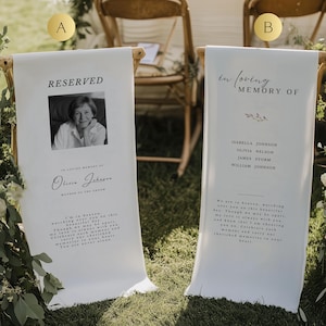 Cartello per sedia in tela riservato, cartello commemorativo per matrimonio personalizzato, striscione per sedia in tessuto, 15''x50'' in amorevole ricordo dal cielo - ML03001/02